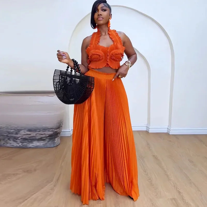 CM.YAYA Streetwear Women's Set Sleeveless Halter Crop Pleated Top+Wide Leg Pants Elegant 2024 Fall Party Two 2-Piece Set Outfits Orange One Size