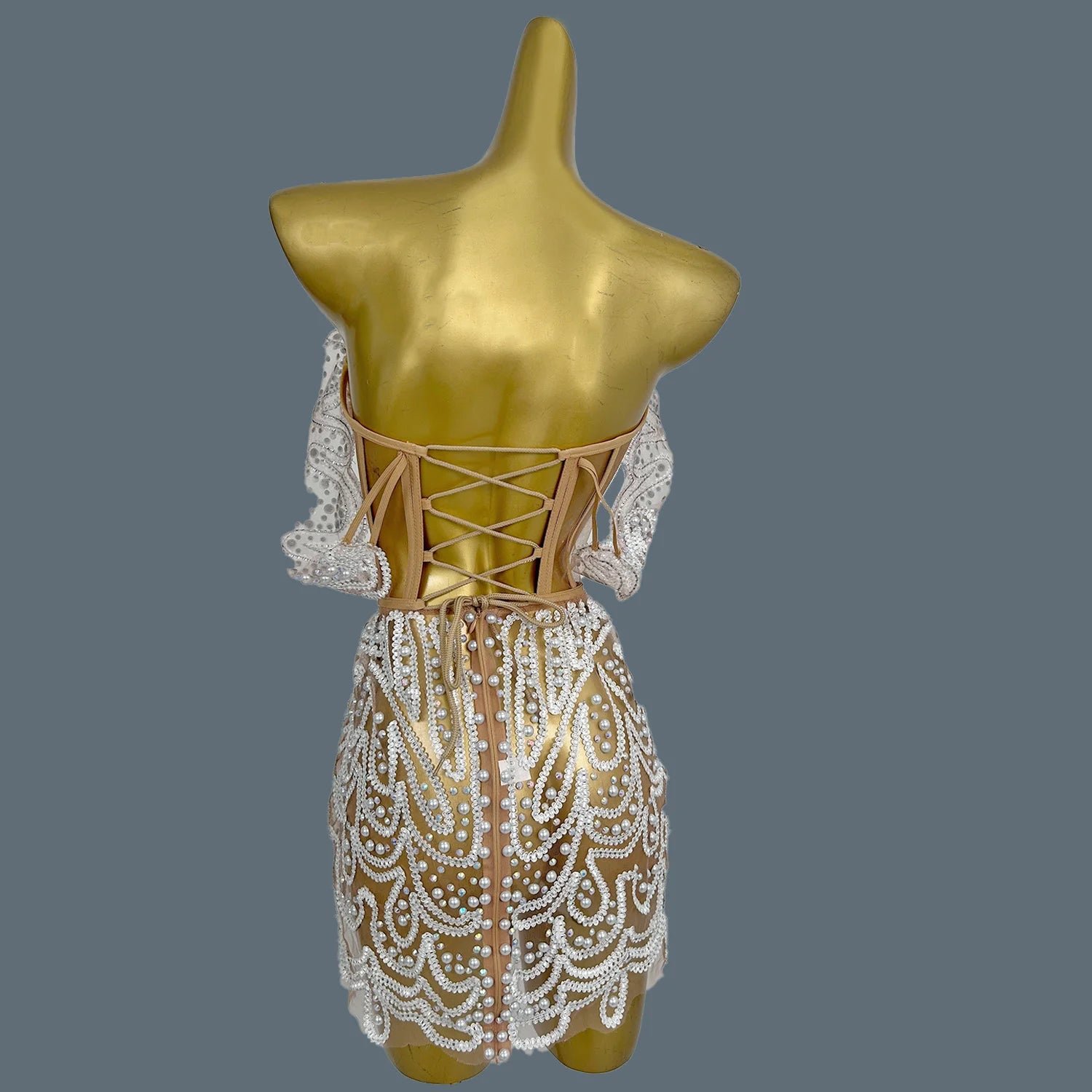 Sparkly Sequins White Pearl Strapless Top Skirt Two Pieces Set Hot Girls Birthday Party Dress Up Nightclub Dance Outfits Lurong