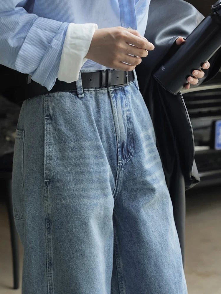 [LANMREM] Streetwear Washed Jeans For Women High Waist Straight Wide Leg Pants Fashion Female Denim Trousers Spring New