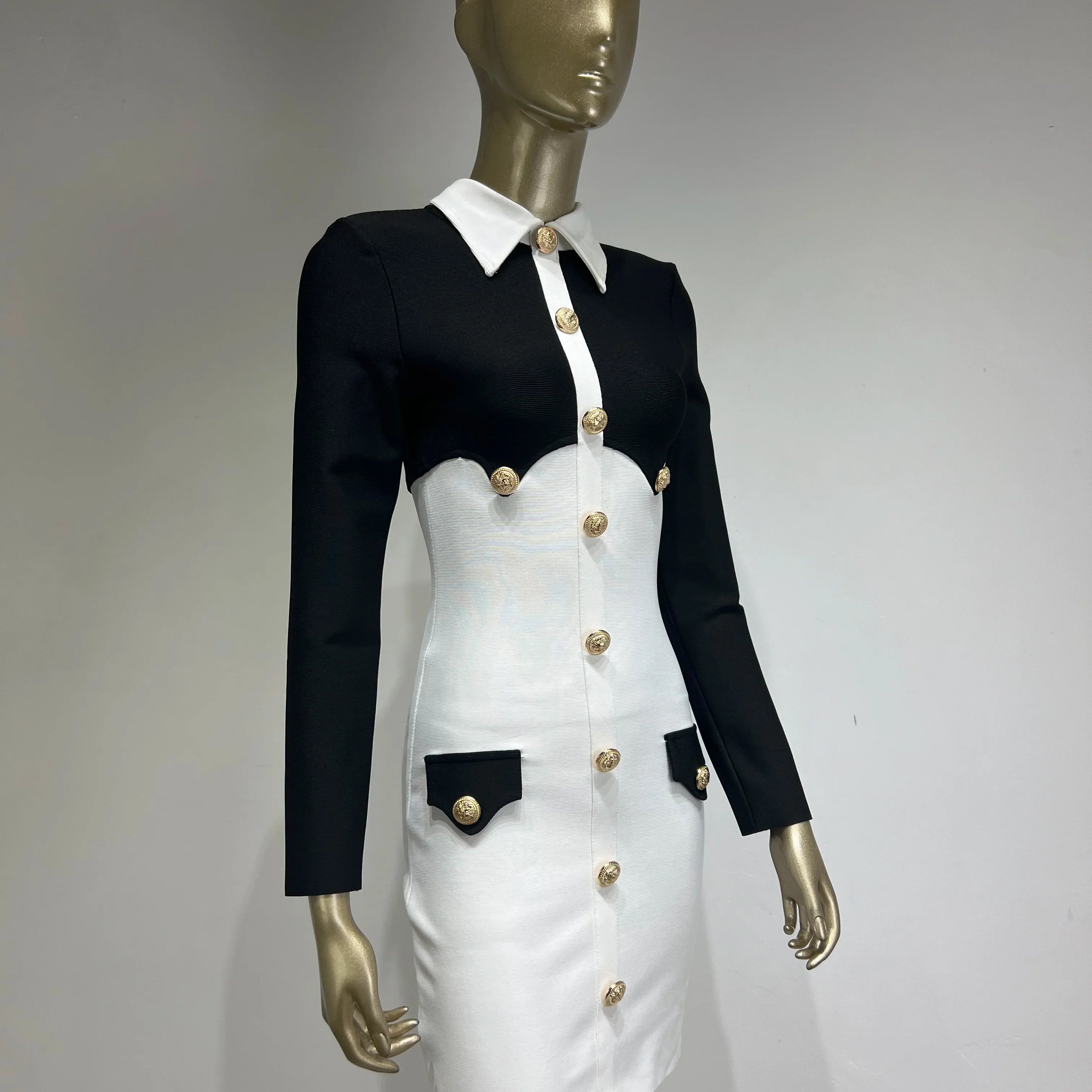 Women Celebrity Sexy Long Sleeve Patchwork Black White Button Mini Bodycon Bandage Dress Elegant Evening Club Party Dress