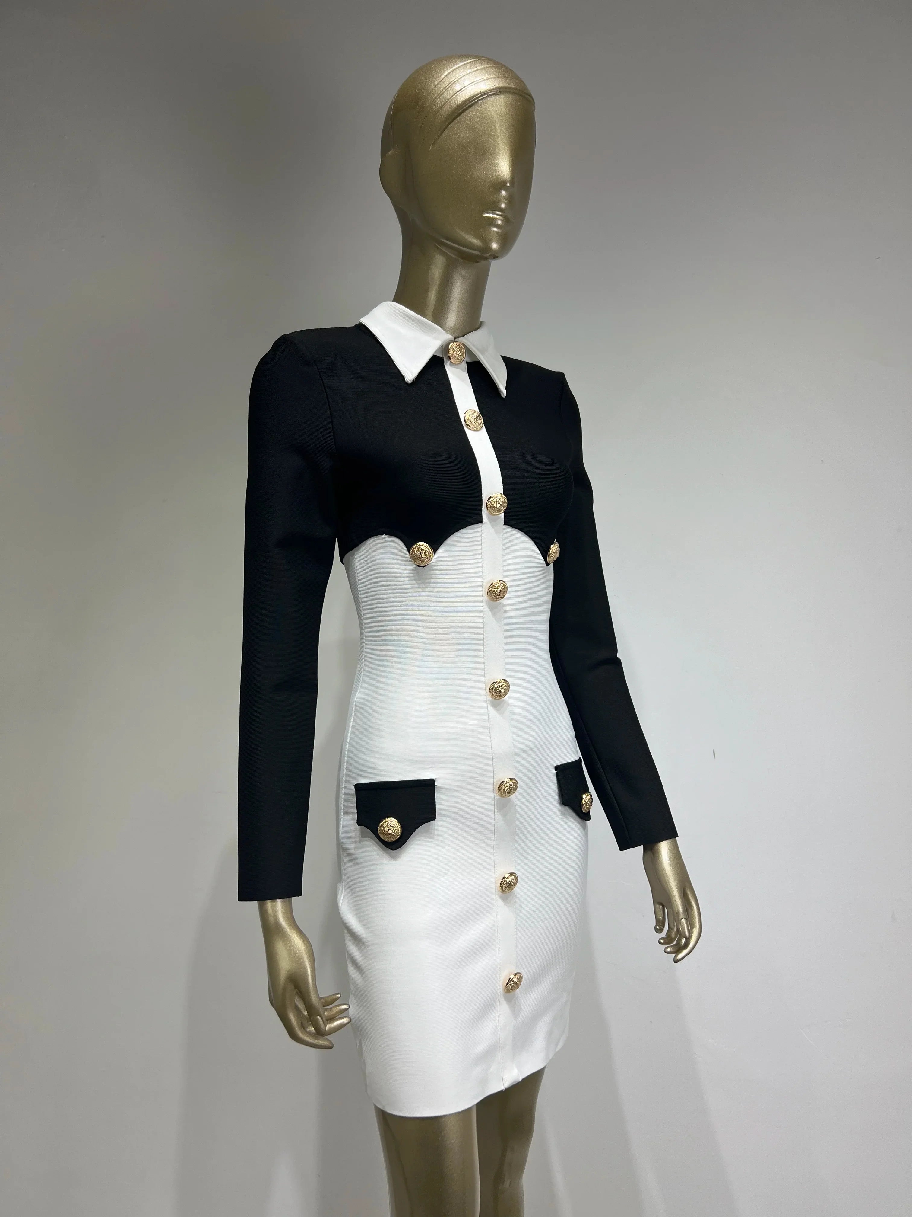 Women Celebrity Sexy Long Sleeve Patchwork Black White Button Mini Bodycon Bandage Dress Elegant Evening Club Party Dress