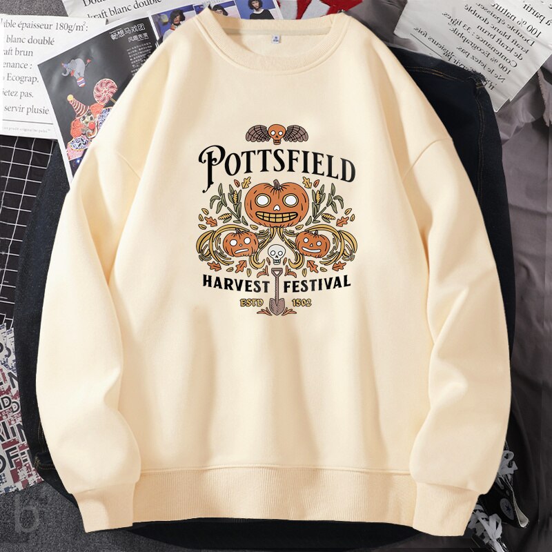 Pottsfield Harvest Festival Sweatshirts Woman Autumn Harvest Vegetables Fall Graphic Hoodie Pullover Halloween Goth Clothing khaki