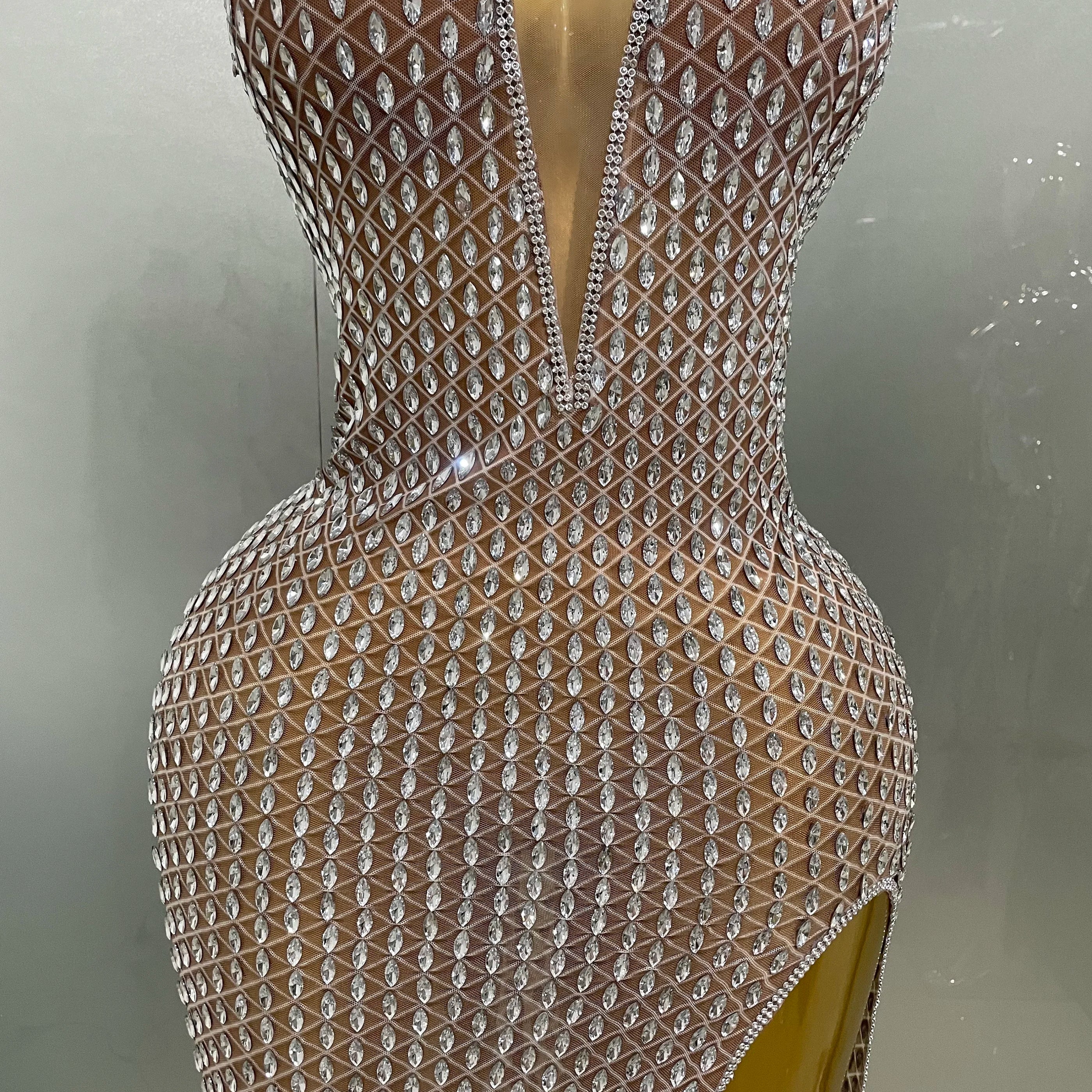 2025 Luxurious Full Rhinestones Mesh Transparent long dress Women Birthday Celebrate Evening Prom Dress party Club Stage Costume