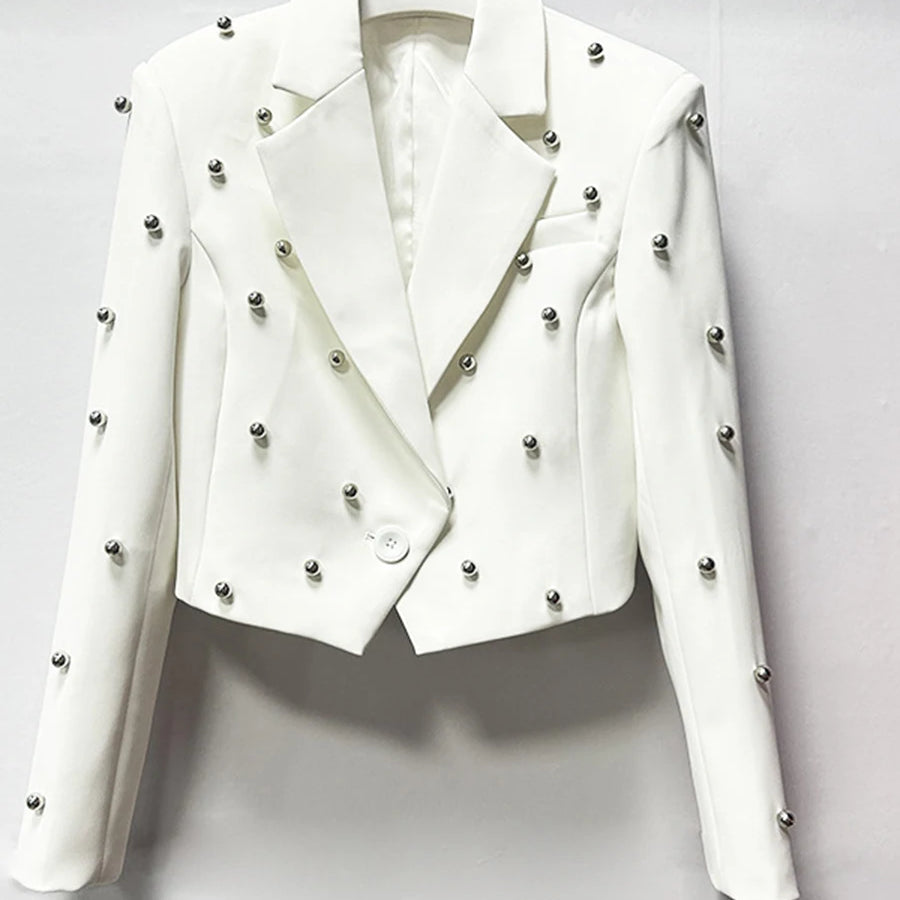 Solid Slimming Spliced Bead Fashion Short Jackets for Women Lapel Long Sleeves Temperament Jacket Female Clothing WHITE