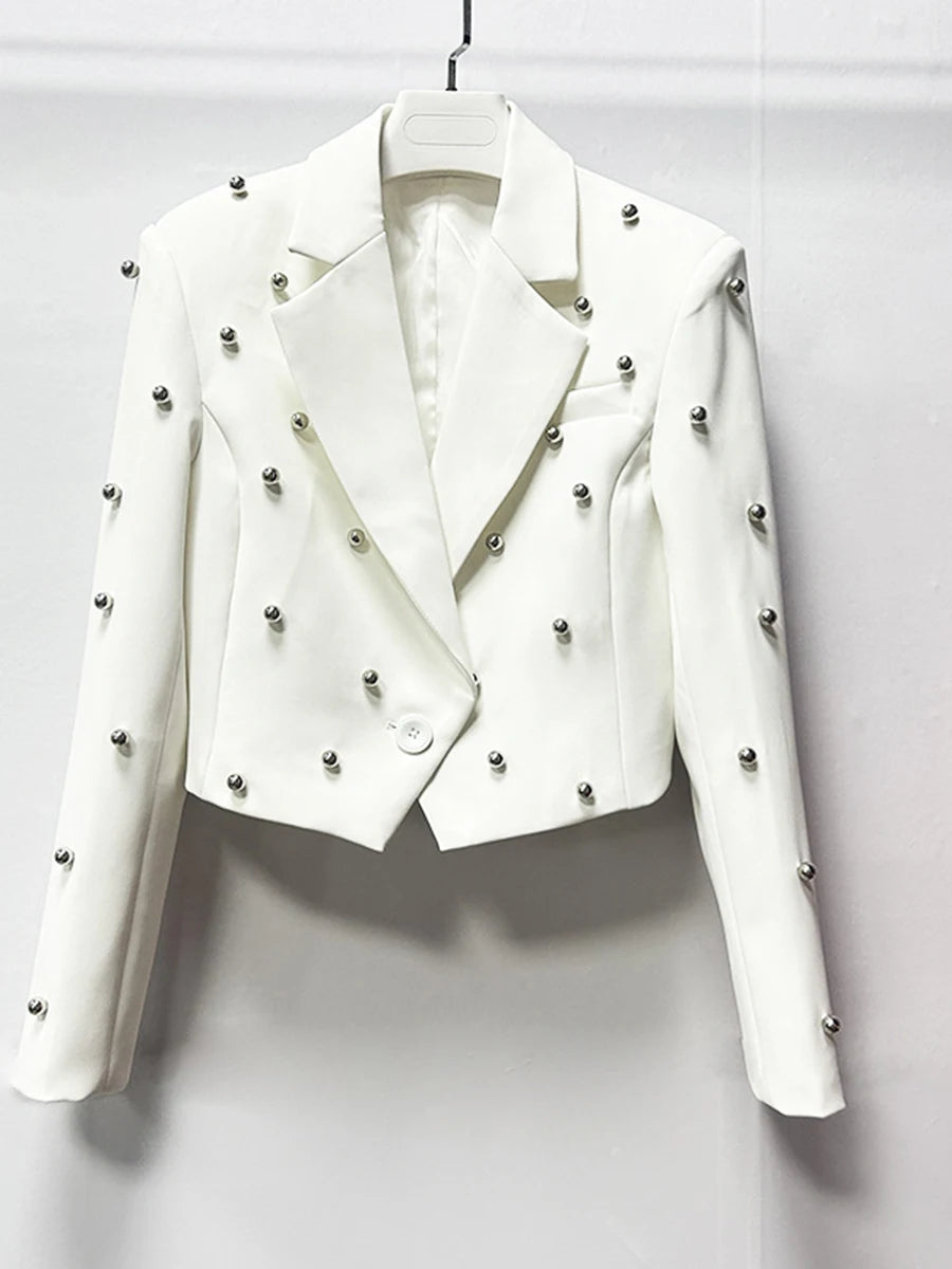 Solid Slimming Spliced Bead Fashion Short Jackets for Women Lapel Long Sleeves Temperament Jacket Female Clothing WHITE