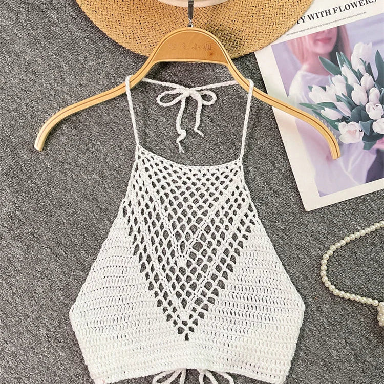 SINGREINY Summer Knit Camisole Women Hollow Out Design Solid Backless Halter Retro Fashion Ladies Sexy Beach Slim Tank Top white One Size