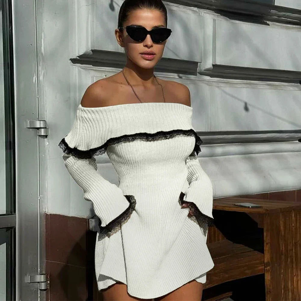 Mingmingxi Autumn Off The Shoulder Sweater Dress Elegant Long Sleeve Knitted Dress Sexy Causal Warm White Dress Women