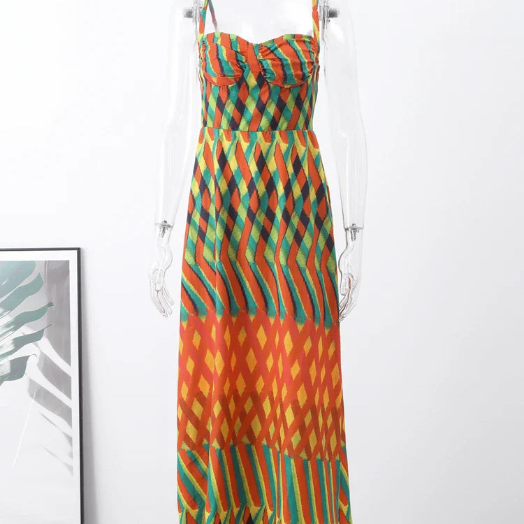 Print Contrasting Sling Maxi Dresses For Women Beach Colorful Sleeveless Backless Loose Dress Lady Summer Vacation Vestidos