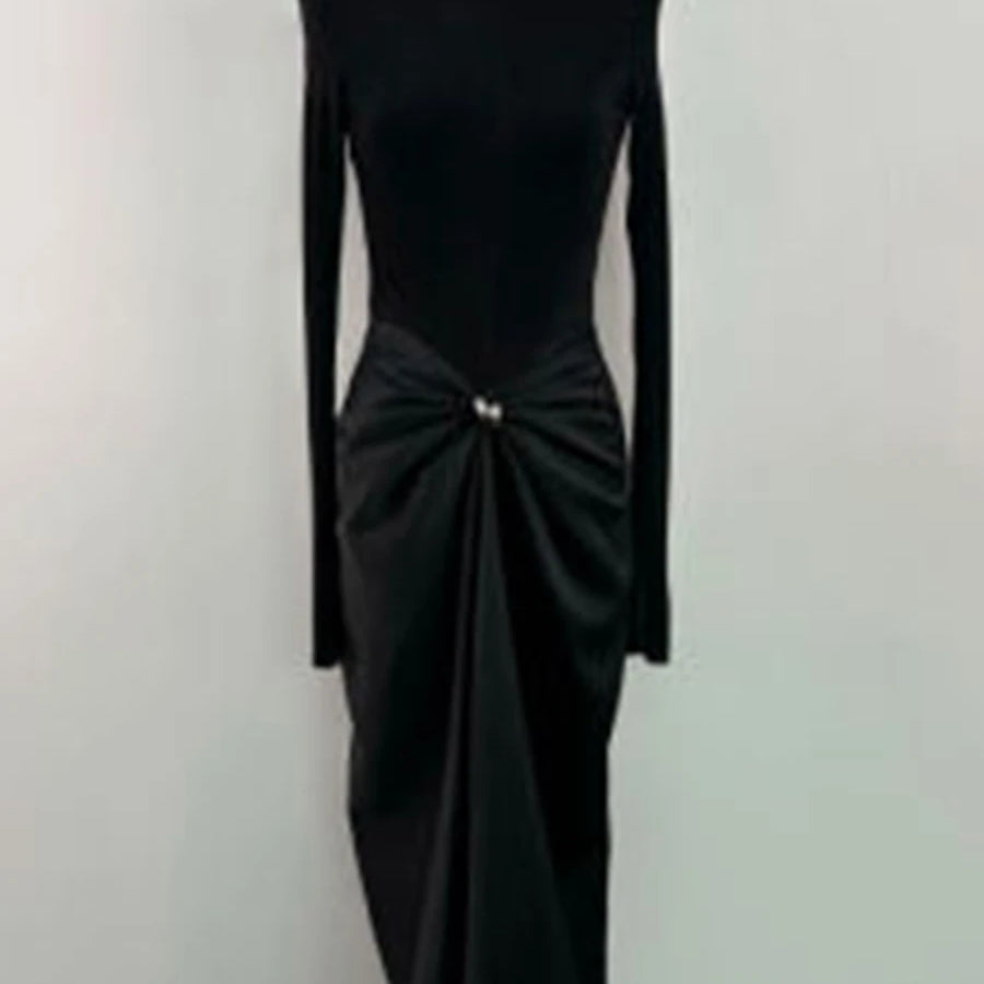 Slimming Two Piece Sets for Women High Neck Long Sleeves Minimalism Top High Waist Patchwork Folds Skirt Female New BLACK