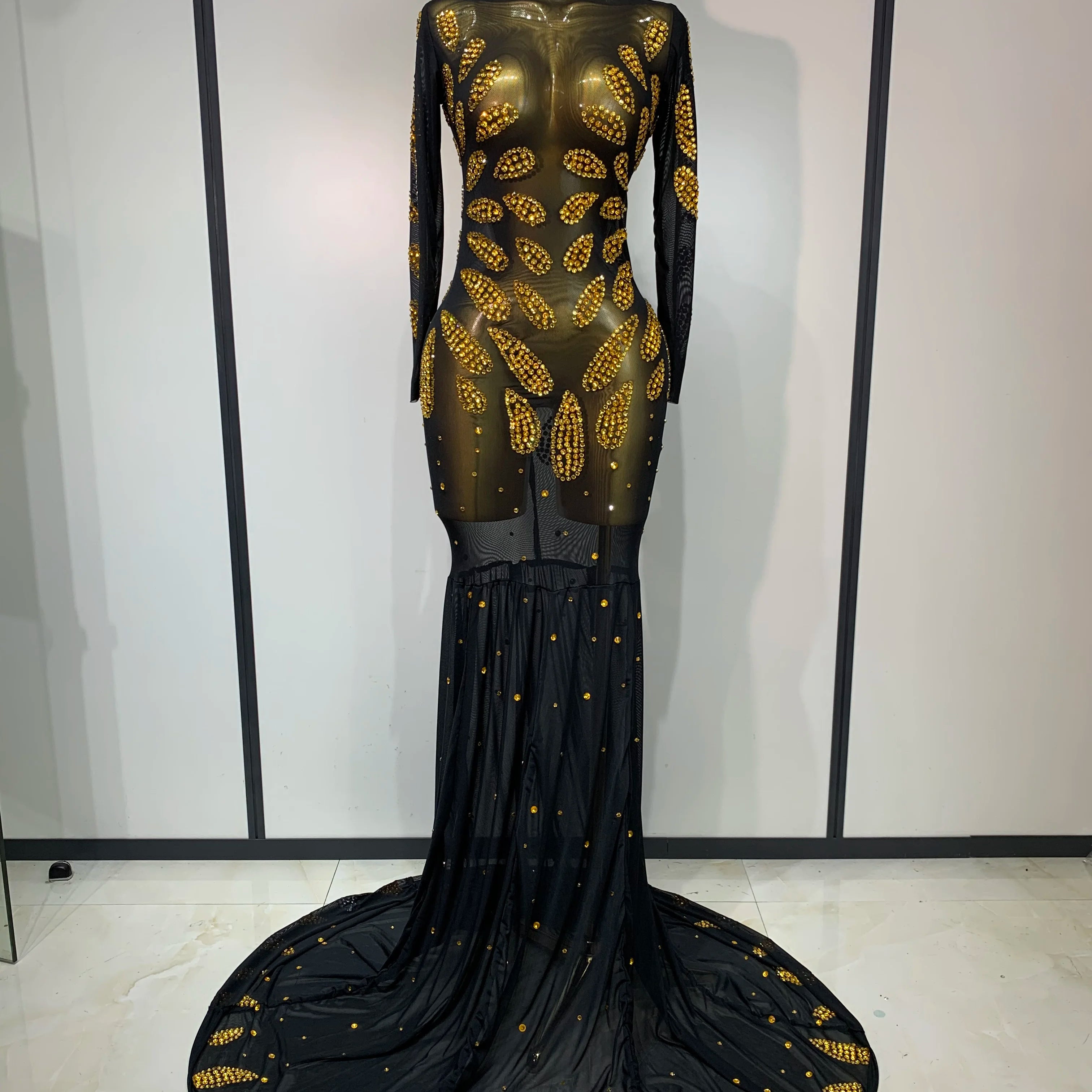Stage Perform Dress Sexy Mesh Transparent Maxi Long Dress Nightclub Outfit Singer Dance Costume Elegant Party Dress black