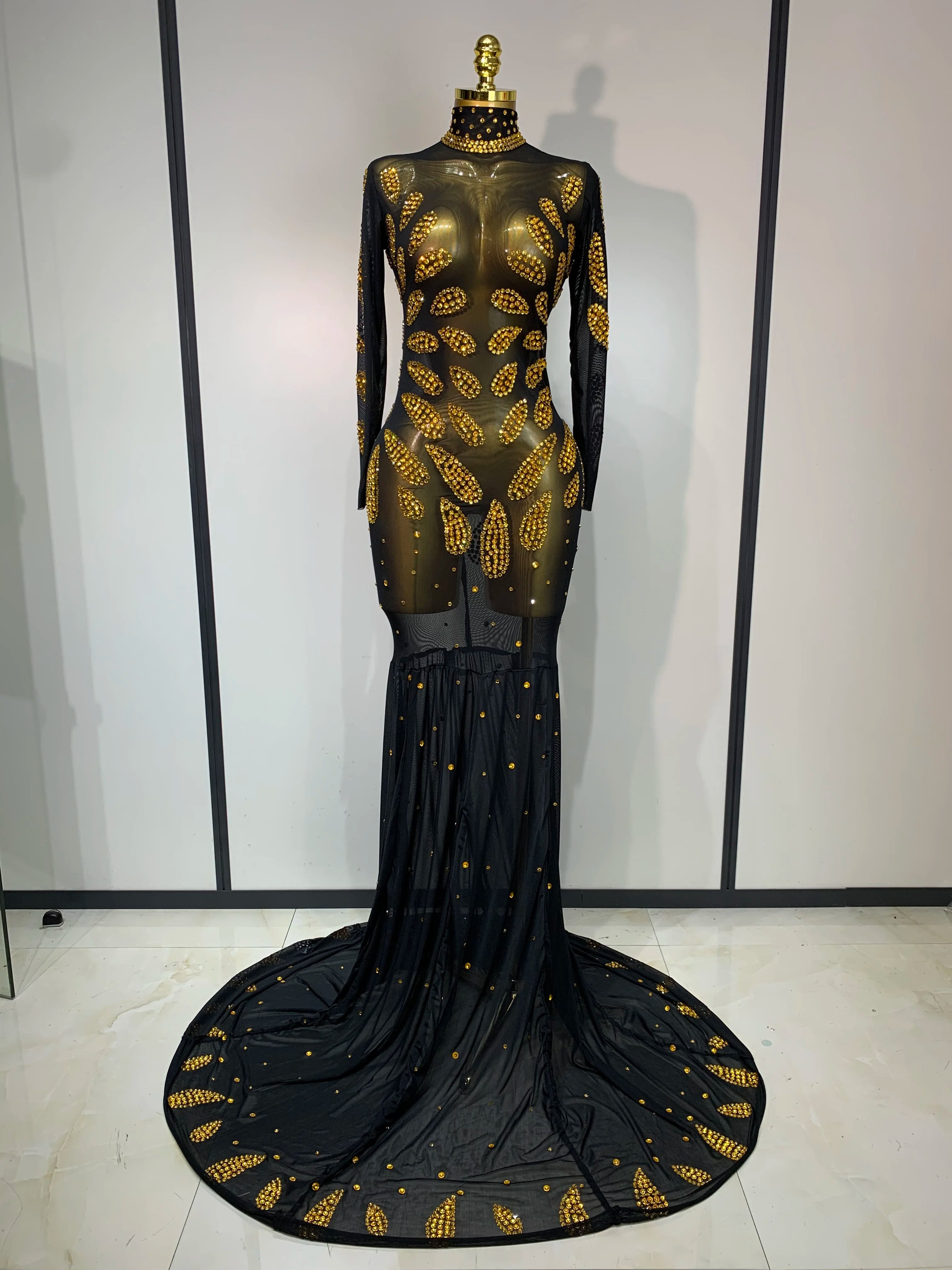 Stage Perform Dress Sexy Mesh Transparent Maxi Long Dress Nightclub Outfit Singer Dance Costume Elegant Party Dress black