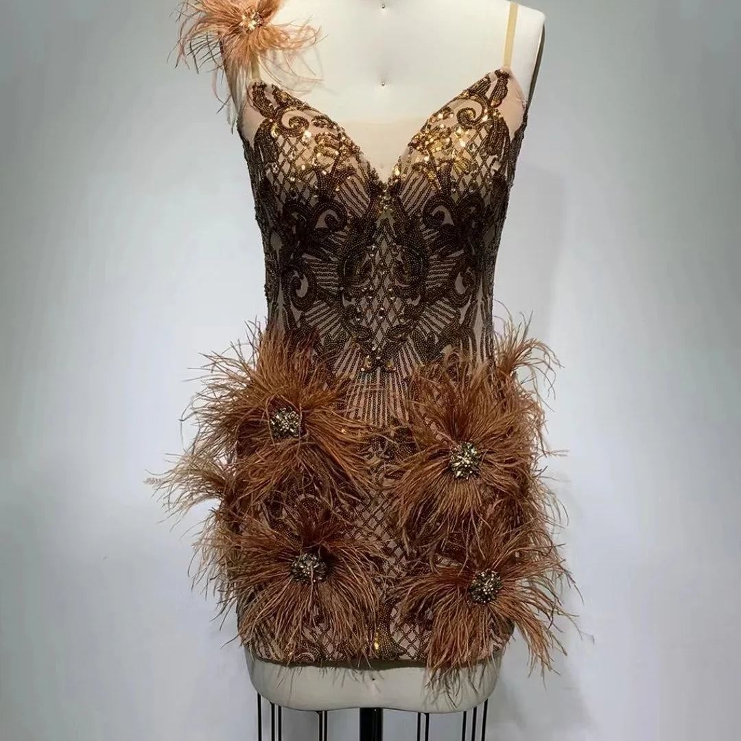Gold Feathers Sleeveless Bodycon Dress Elegant Evening Party Dress Vestidos