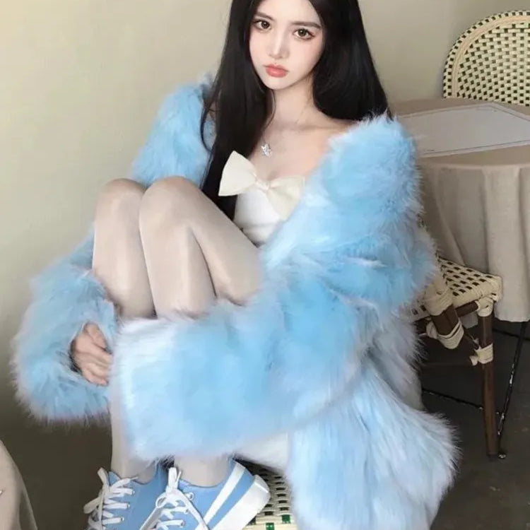 Super Hot Women's winter coats Elegant Blue Faux Fur Coats Female clothing Long Sleeve Thick Warm Outerwears Lady Oversize
