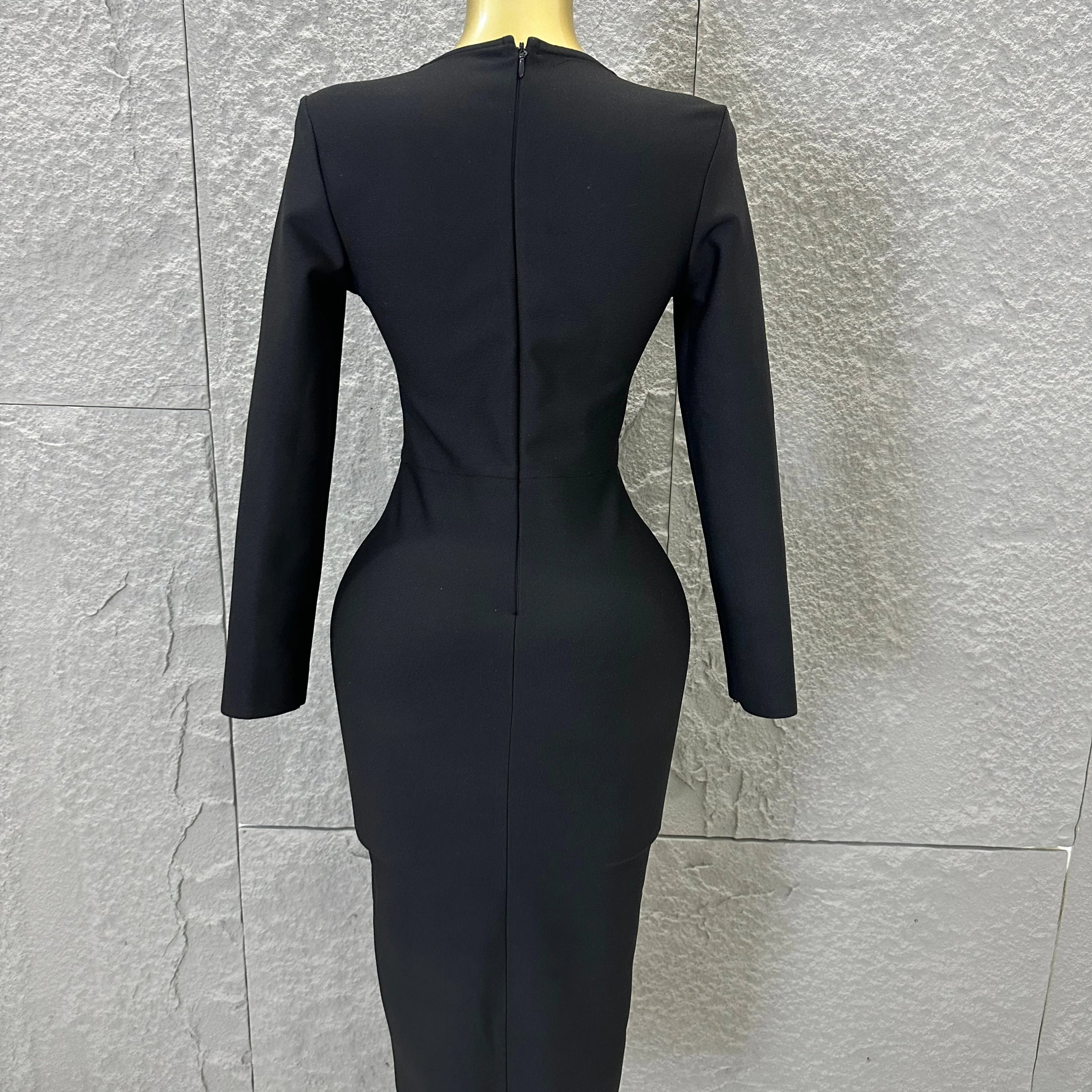 Elegant Black Deep V-Neck Midi Dress Women Sexy Long Sleeve Gold Button Form-Fitting Evening Party Cocktail Party Costume