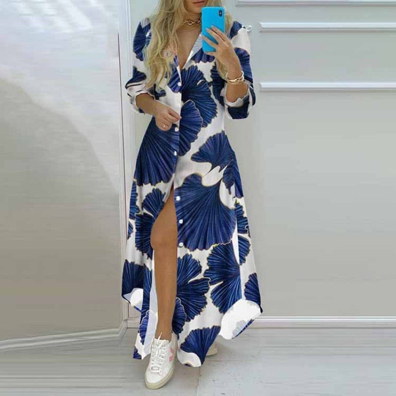 Women Printed Shirt Dress Casual Turn-down Collar Long Sleeve Irregular Maxi Dresses Laides Single Breasted Loose Long dress Color 5