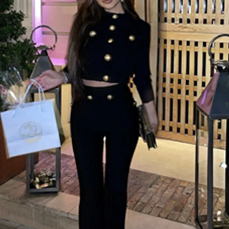 New Autumn Style Black Color Women Long Sleeve Button Rayon Bandage Coat Pants Fashion Women's Set High Street Celebrate Wear