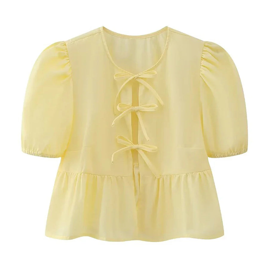 wsevypo Chic Summer Babydoll Shirts Solid/Stripe Short Women's Puff Sleeve Round Neck Tie-Up Front Peplum Blouses Top for Street I