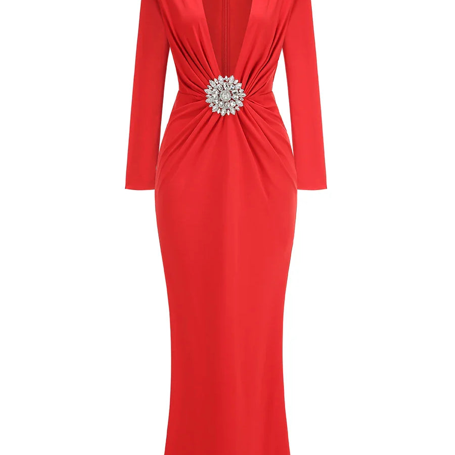 Women Celebrity Sexy Deep V Neck Black Maxi Long Rhinestone Diamonds Gowns Dress 2025 Elegant Evening Party Club Dress Vestido Red