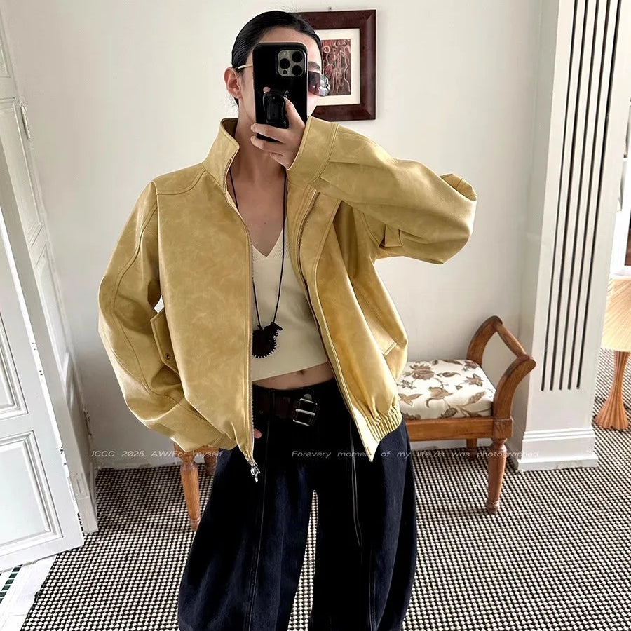 Lautaro Autumn Cool Short Oversized Distressed Yellow Pu Leather Jacket Women Zipper High Quality American Retro Unisex Clothes