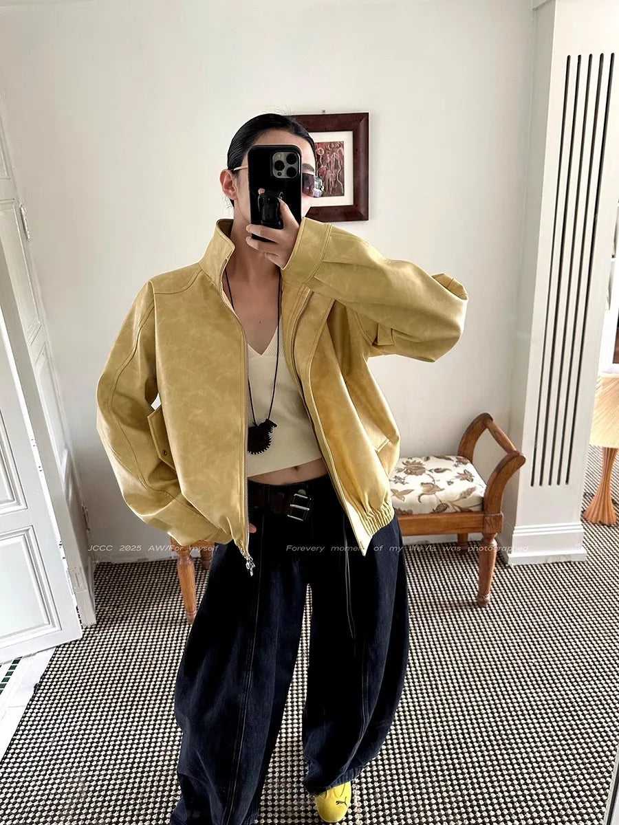 Lautaro Autumn Cool Short Oversized Distressed Yellow Pu Leather Jacket Women Zipper High Quality American Retro Unisex Clothes