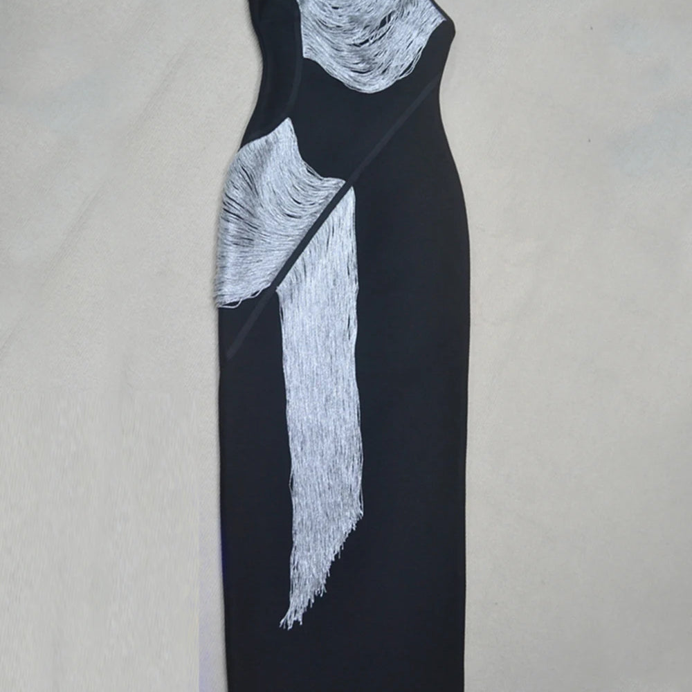 Women Sexy One shoulder Tassels Black Maxi Bodycon Bandage Dress 2025 Summer Elegant Cocktail Evening Club Party Gowns
