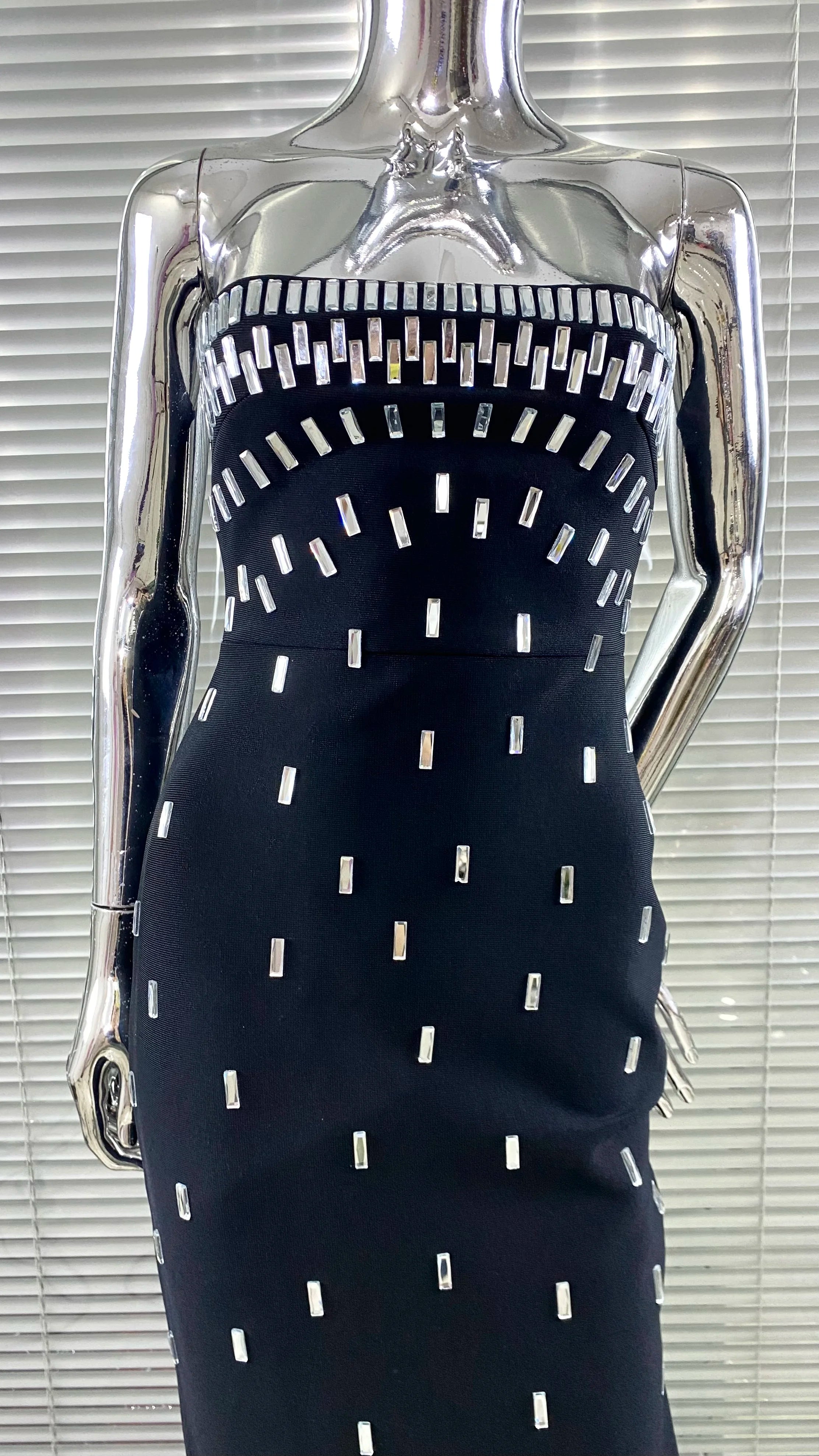 2025 Sparkling Diamonds Fashion Woman Party Dress Strapless Black Bandage Ankle Length Dress Celebrity Birthday Party Outfit