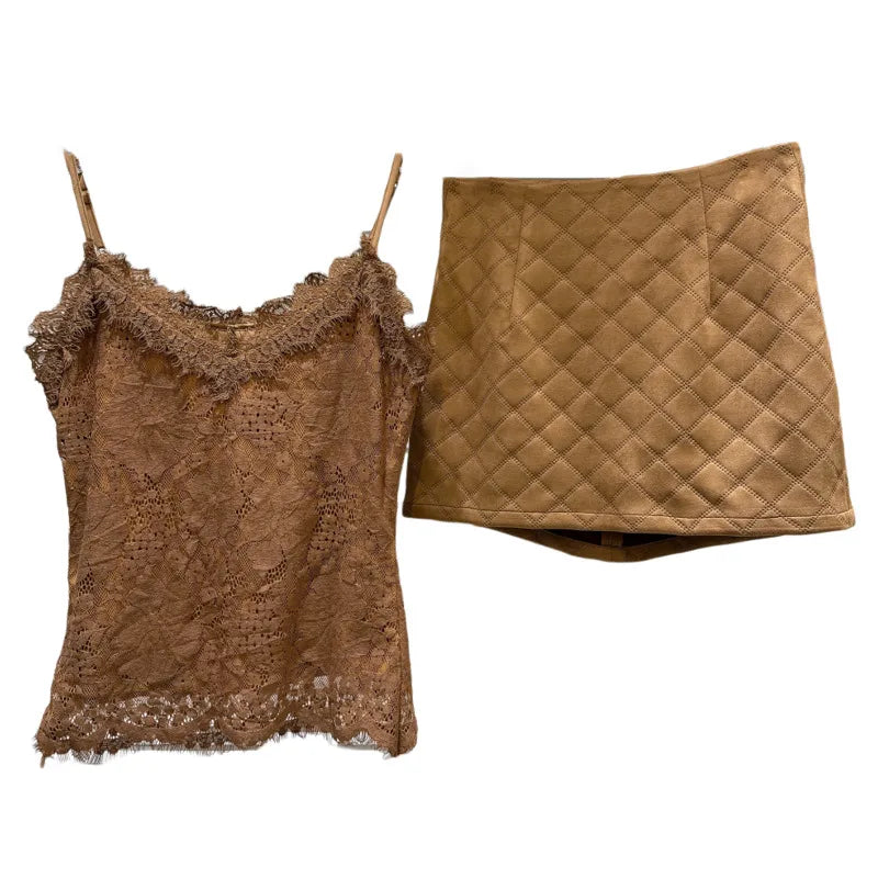 Winter Fashion New Elegant Lace Camisole Vest For Women High Waist Wrapped Hip Suede Short Skirt Female 11A07850