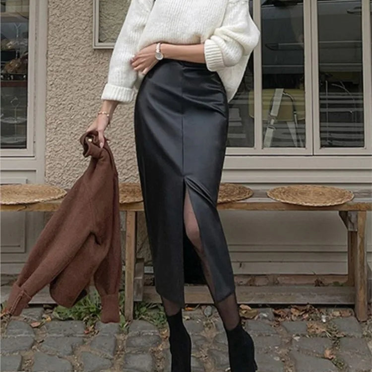 PU Autumn Winter Leather Midi Skirt Women Split Fashion High Waist Bodycon Ladies Skirts Korean Office Black Woman Skirt 2023