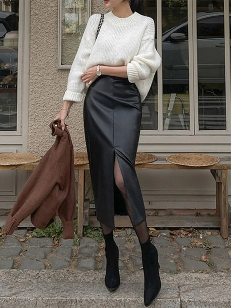 PU Autumn Winter Leather Midi Skirt Women Split Fashion High Waist Bodycon Ladies Skirts Korean Office Black Woman Skirt 2023