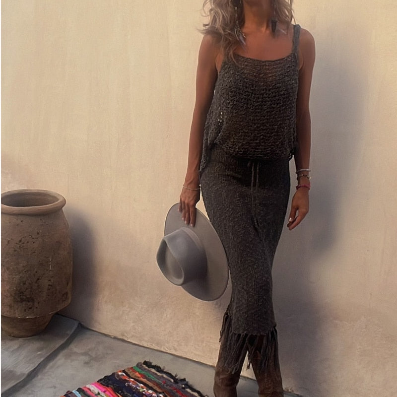 Two Piece Sets Knitted Camisole Blouse Tassel Skirts Women Sexy See Through Summer Mesh Beach Dress Suits Hollow Out Sling Tops gray