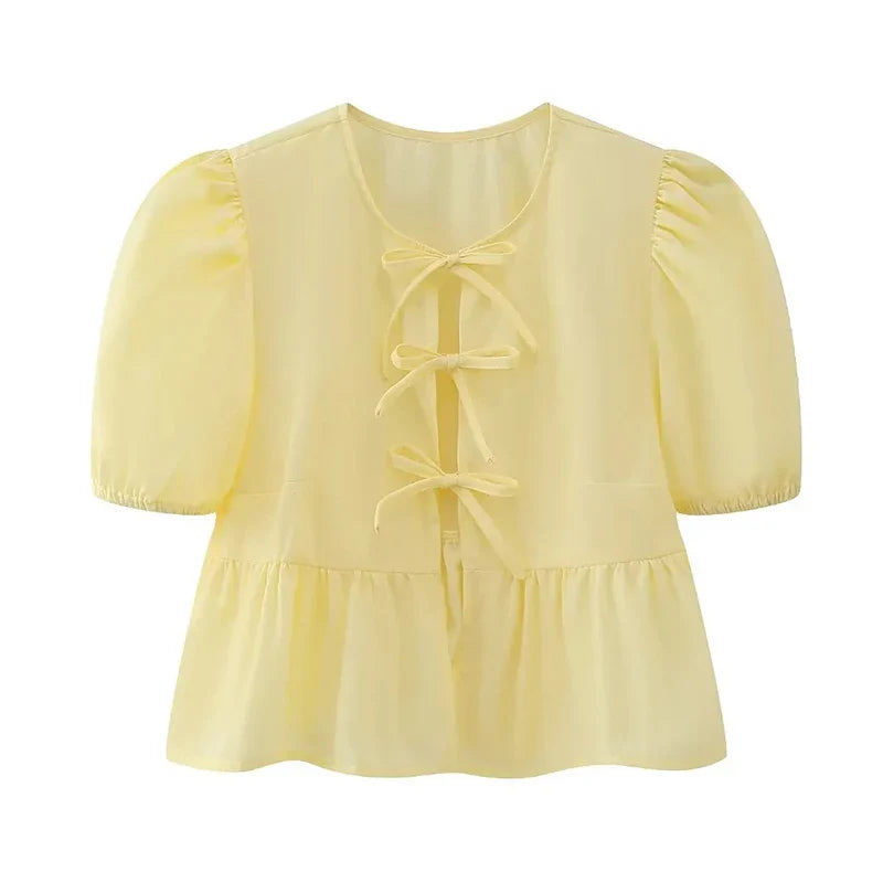Bow Tied Lace Up Shirt Women Pleats Office Puff Sleeve Female Chic Slim Solid Tops Summer Sweet Lady V Neck Tops YELLOW
