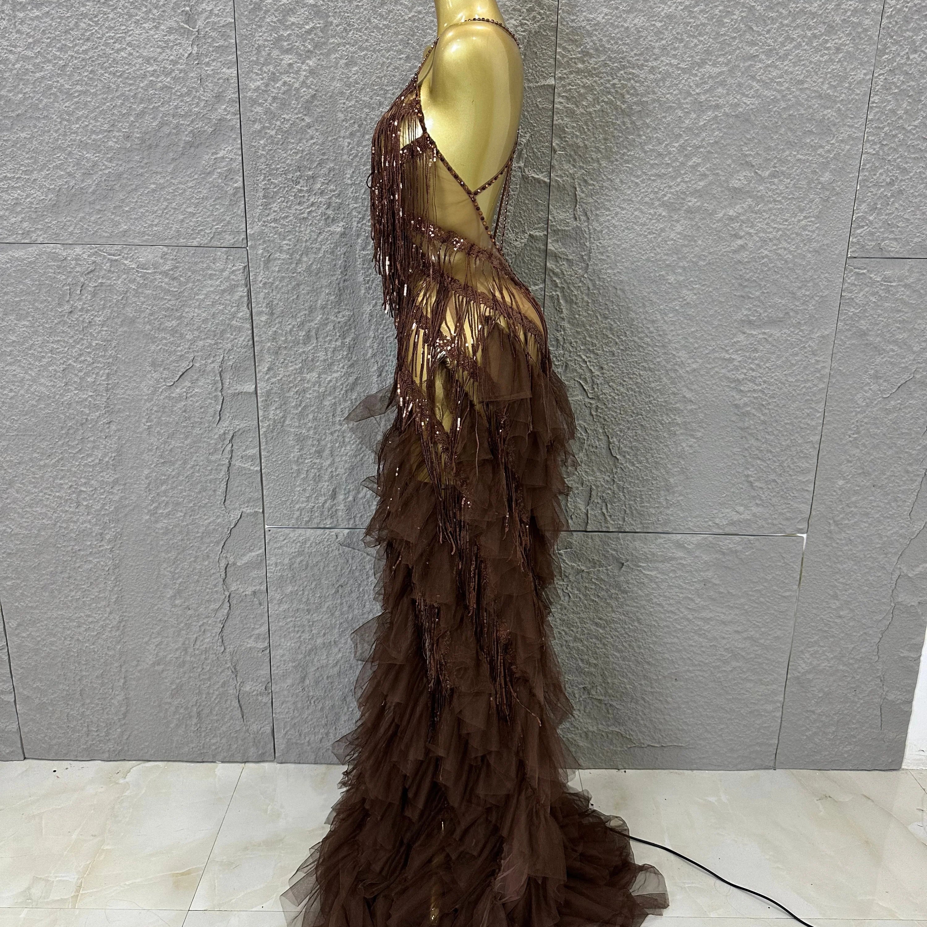 Elegant Brown Floowy Lace Women Sexy Spaghetti Strap V-Neck Tulle Ruffle High Slit Bodycon Outfit Evening Gala Party Costume