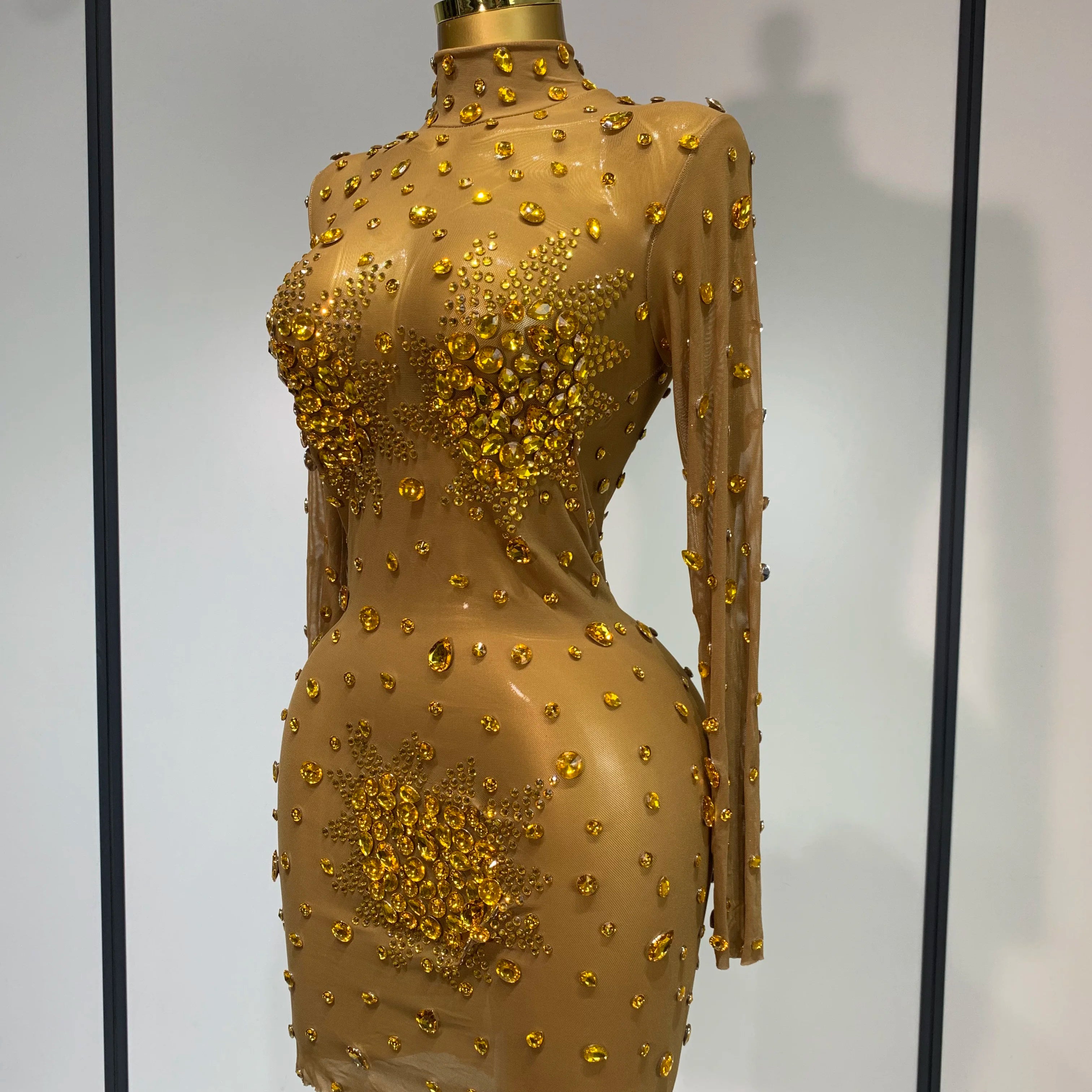 Women Sexy Gold Rhinestones Sparkly See Through Mini Dress Evening Party Fashion Performance Stage Outfit Luxury Birthday Dress