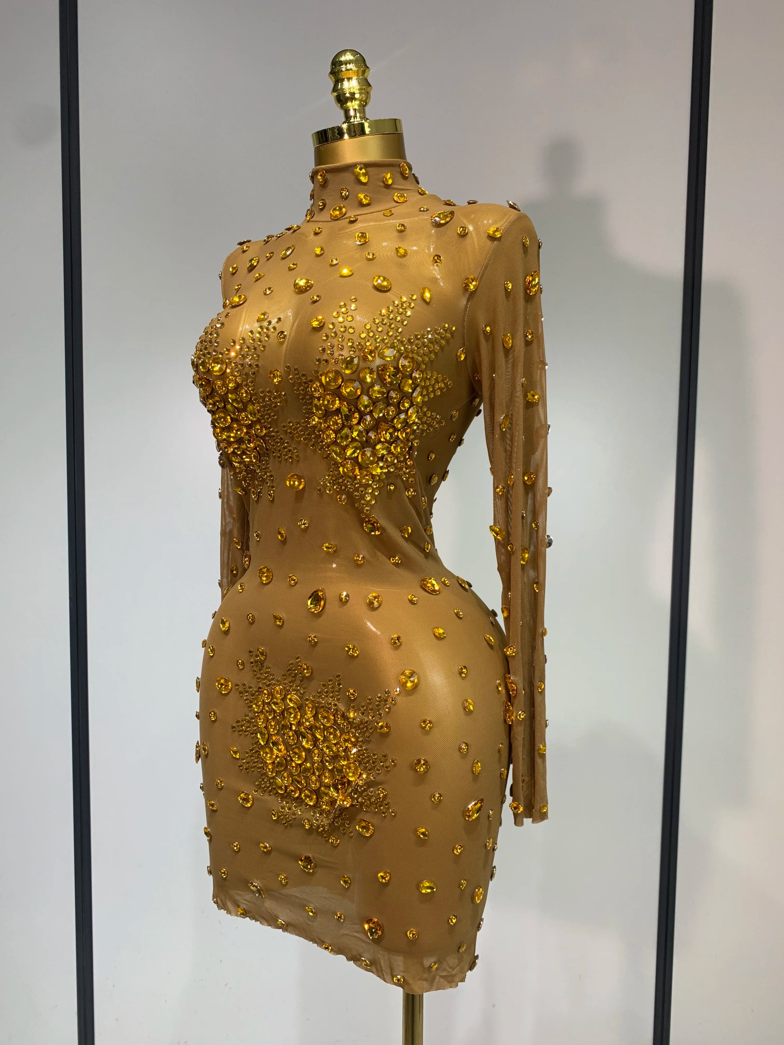 Women Sexy Gold Rhinestones Sparkly See Through Mini Dress Evening Party Fashion Performance Stage Outfit Luxury Birthday Dress