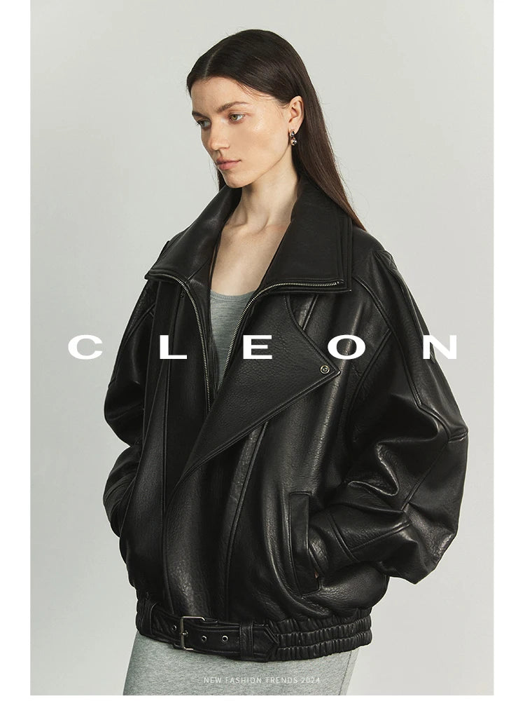 Lautaro Autumn Brown Oversized Pu Leather Moto & Biker Jacket Women Long Sleeve Zippper High Quality American Retro Clothing Black