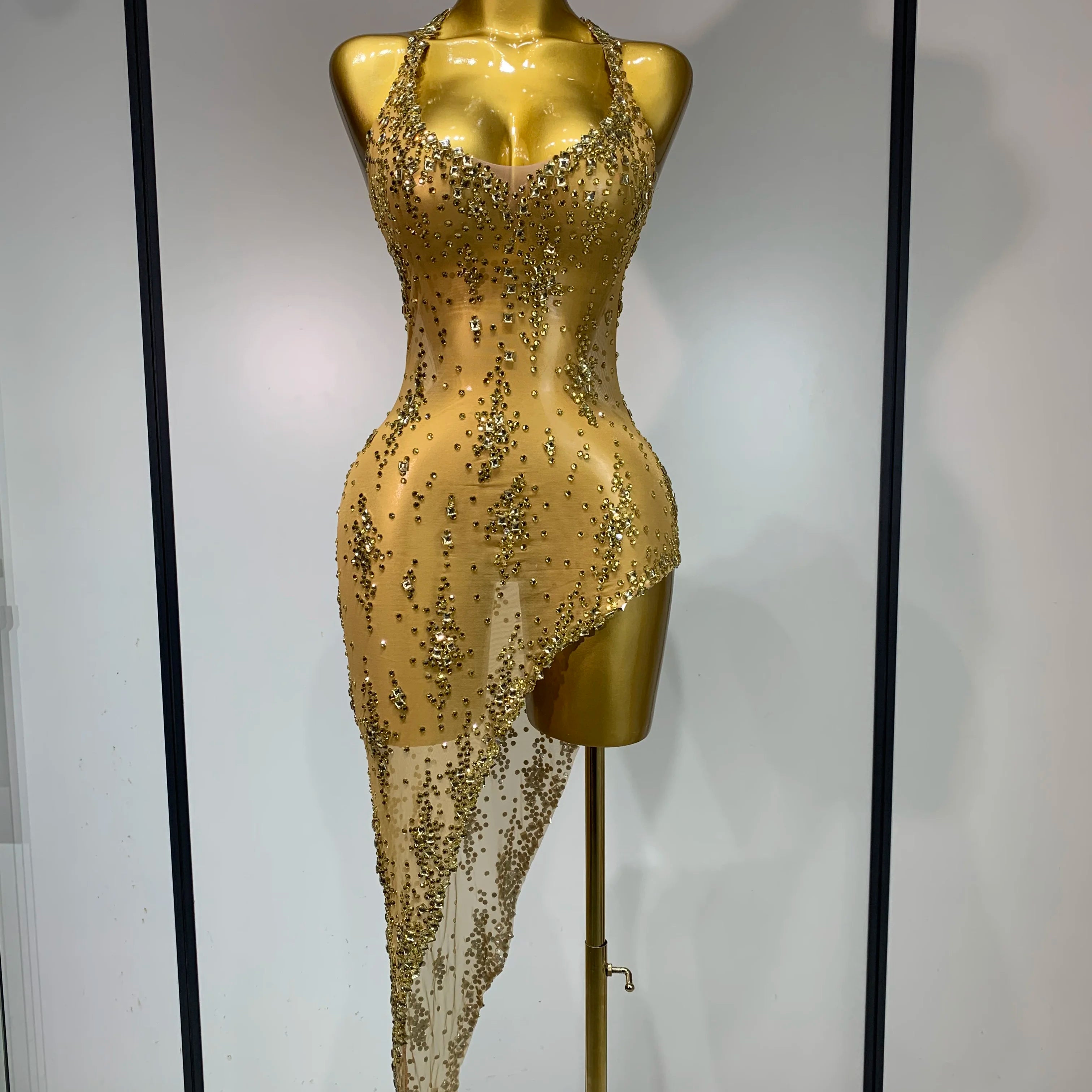 Women Sexy Luxury Birthday Prom Gowns Sparkly Diamond See Through Mesh Stretch Asymmetrical Dress Celebrity Elegant Stage Outfit Gold