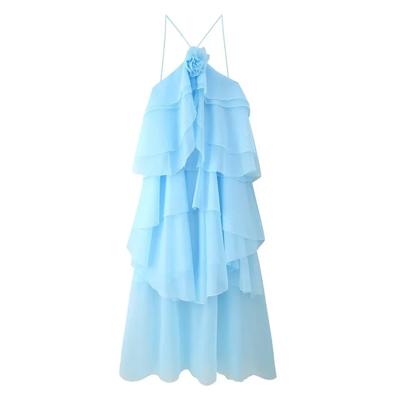 Women Sleeveless Ruffles Loose Ball Gown Smock Strap Maxi Long Sexy Dress 2025 Birthday Vacation Party Dresses Vestidos Blue
