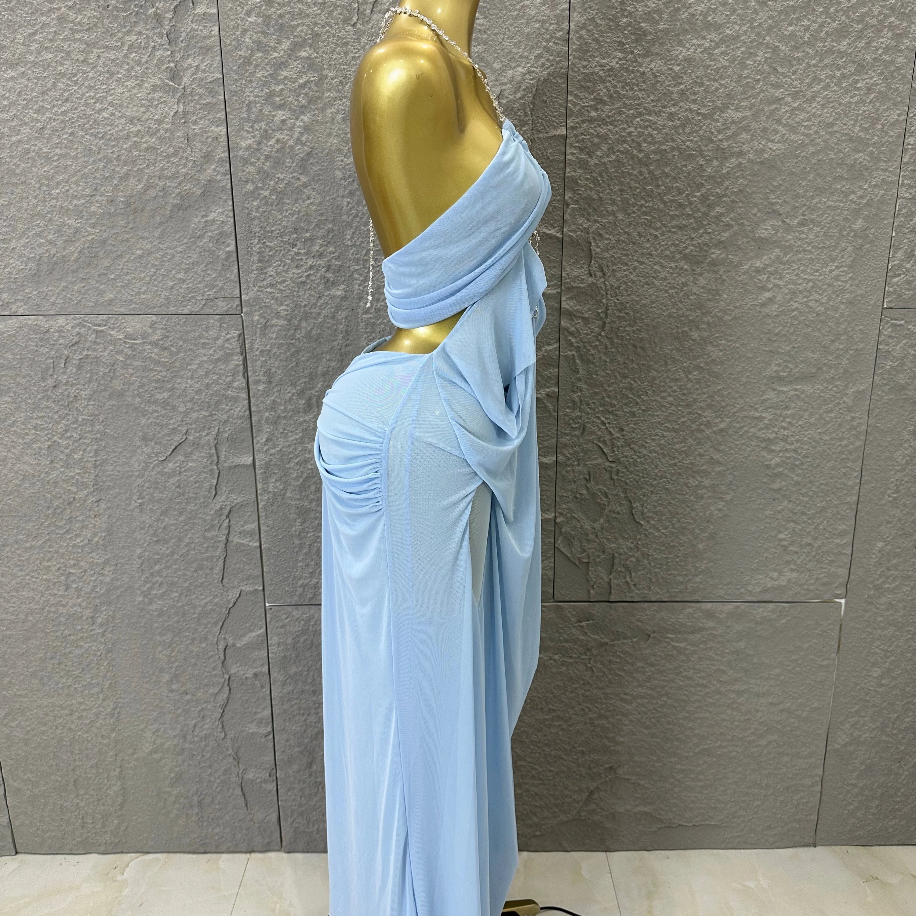 Sexy Halter Neck Maxi Dress Crystal Chain Cutout Ruched Women Sheer Mesh Form Outfit Glamorous Evening Gala Party Costume