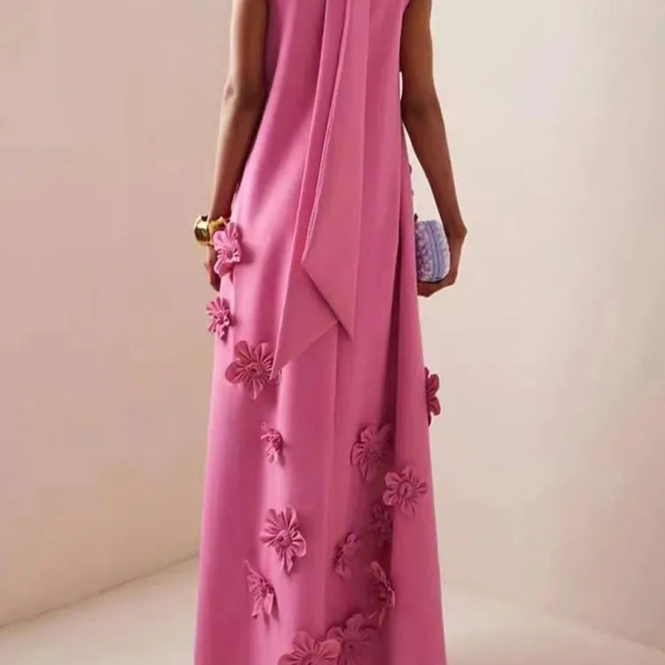 Patchwork Appliques Chic Dress For Women Stand Collar Sleeveless High Waist Spliced Lace Up Elegant Dresses Female