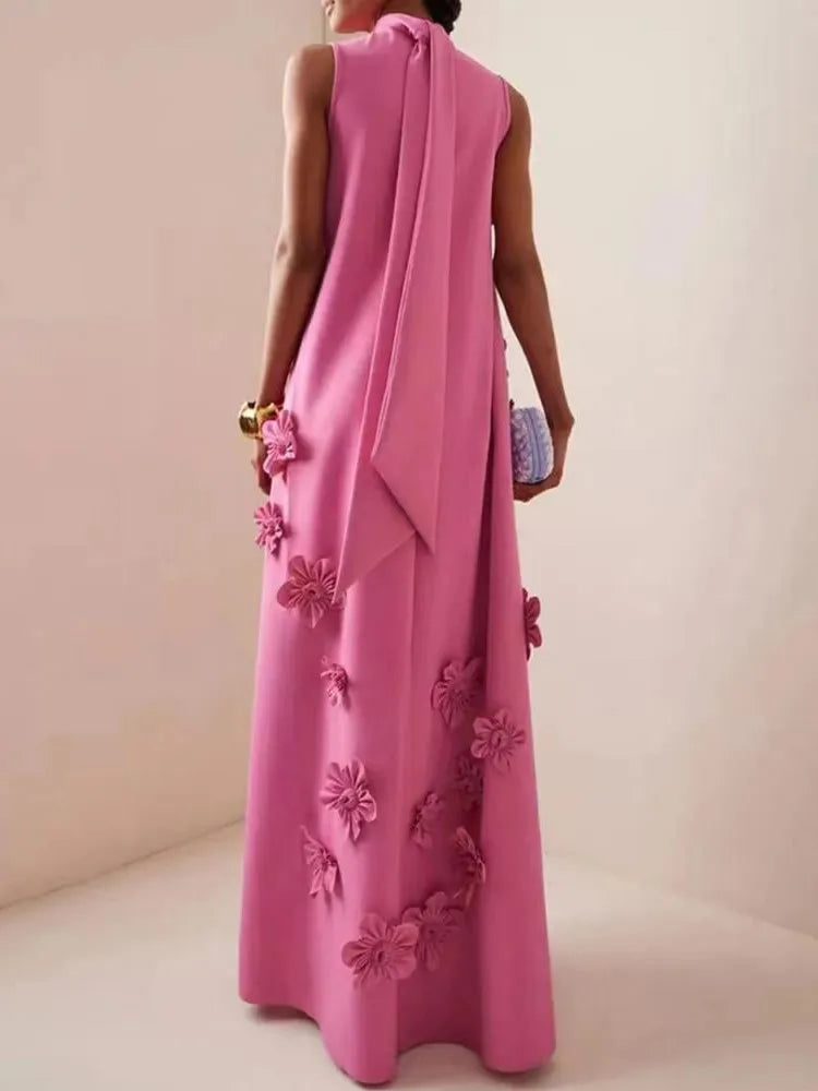 Patchwork Appliques Chic Dress For Women Stand Collar Sleeveless High Waist Spliced Lace Up Elegant Dresses Female