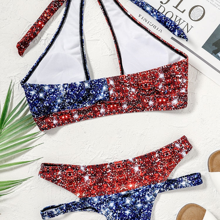 Sexy Cute Wrap Cut Out Halter Bikini Set Glitter American Flag Swimsuit Set Women Criss Cross Bathing Suit 2 Piece 2024 Summer