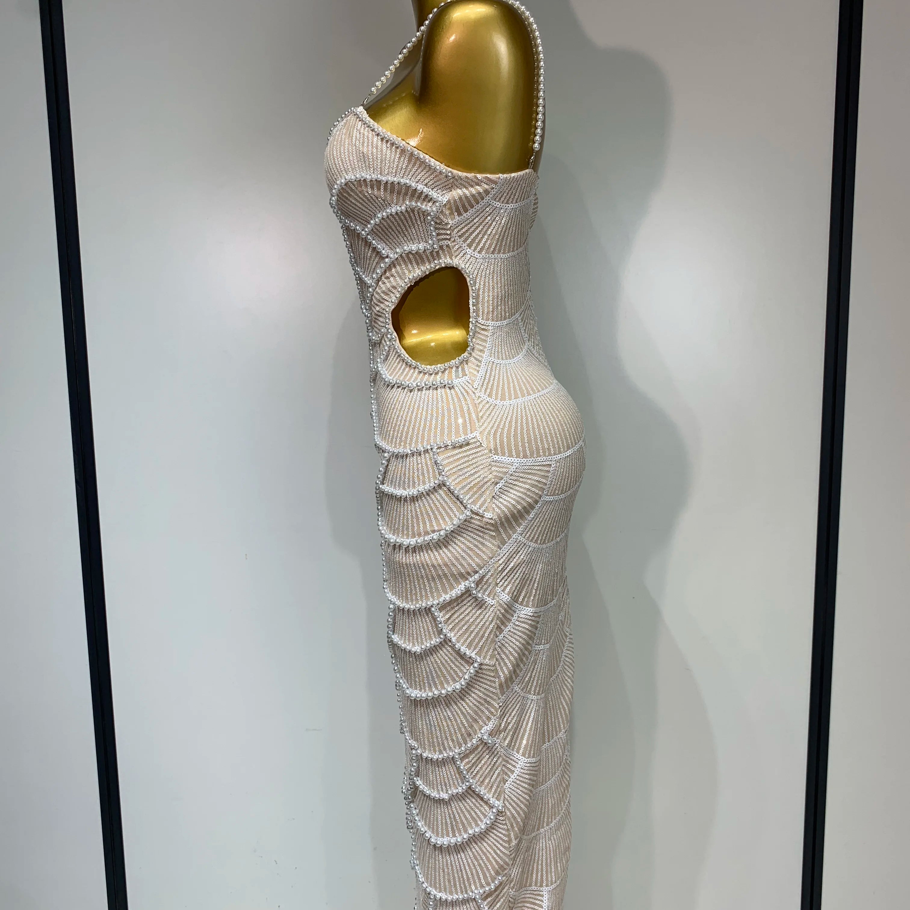 Women Sexy V Neck Pearl Beading Cut Out Maxi Long Bodycon Prom Gowns Dress Luxury Birthday Elegant Evening Party Club Dress