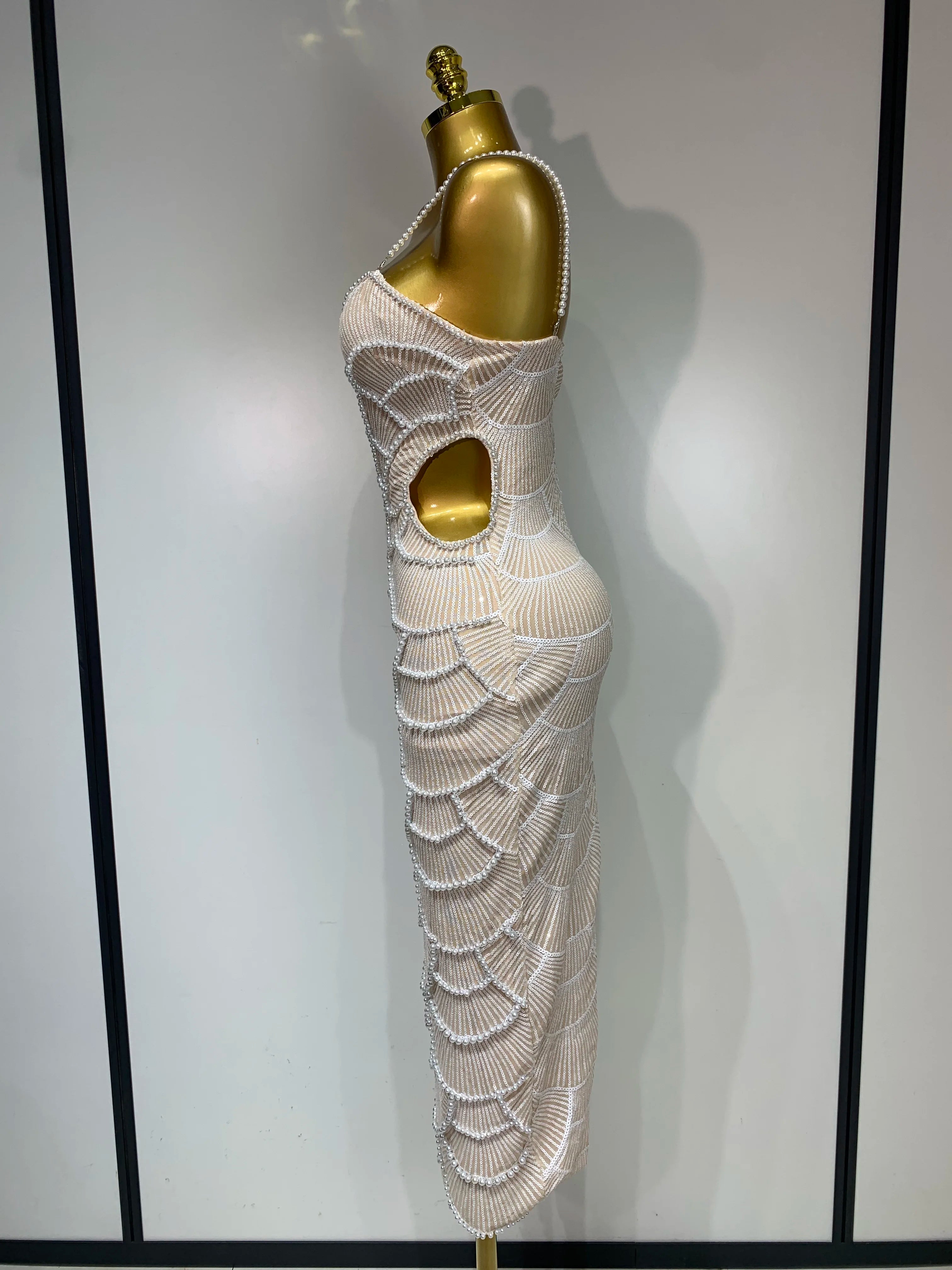 Women Sexy V Neck Pearl Beading Cut Out Maxi Long Bodycon Prom Gowns Dress Luxury Birthday Elegant Evening Party Club Dress