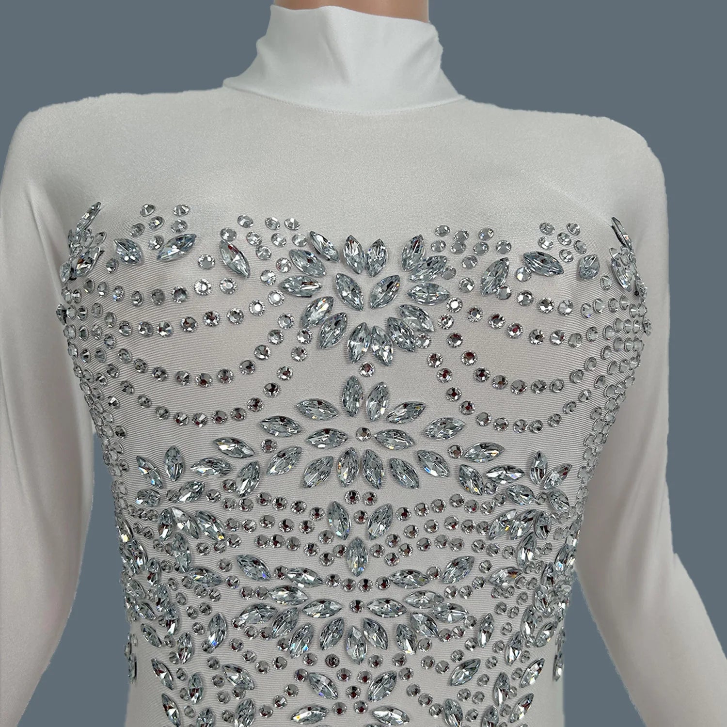 Sexy Women Long Sleeve Rhinestone Jumpsuit Gloves Festival Celebrate Party Outfit Club Stage Show Tight Fitting Jumpsuit Zhubao