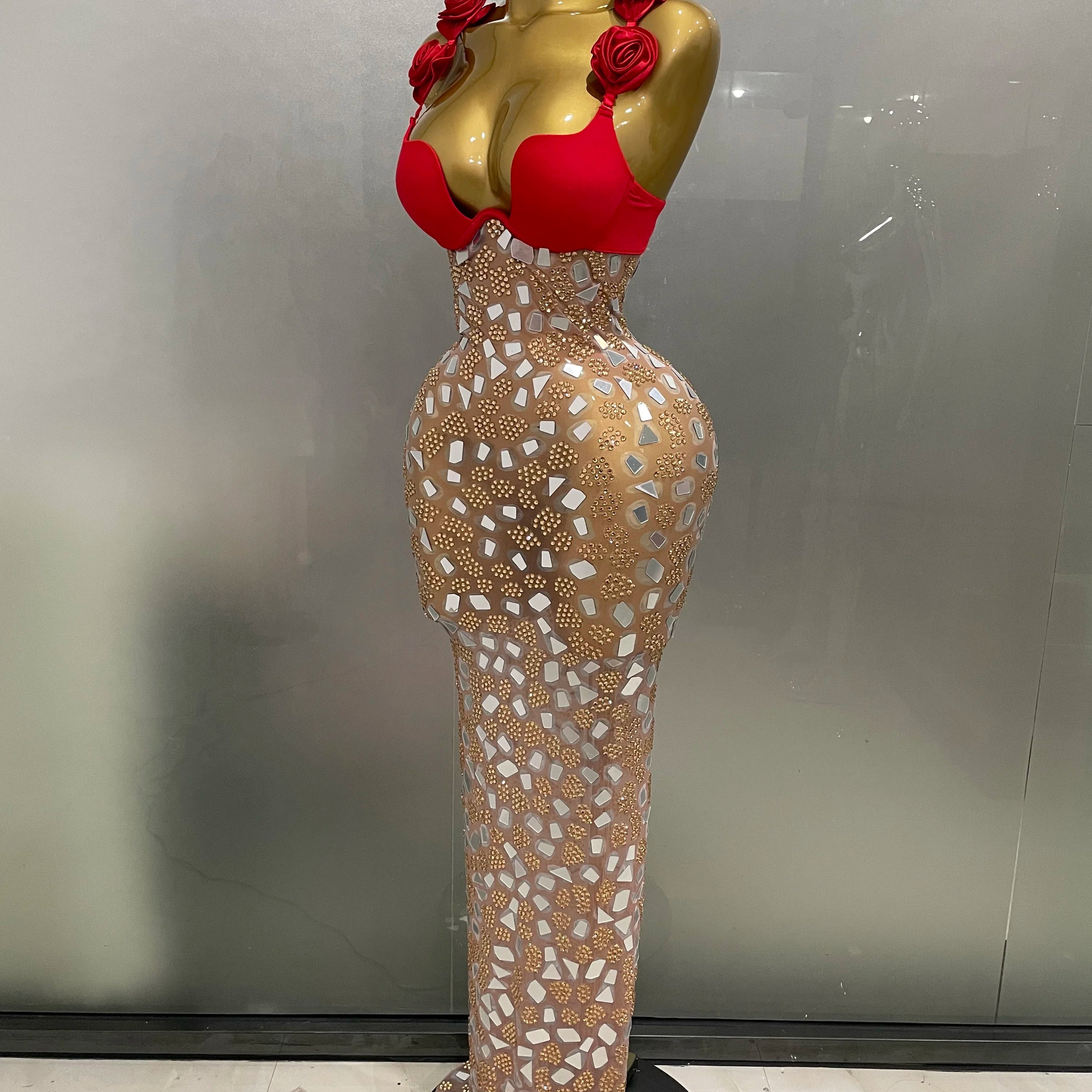 Sexy Sparkly Rhinestones Mesh Mirrors Red Roses Long Dress 2025 New Women Elegant Evening Party Club Stage performance Costume