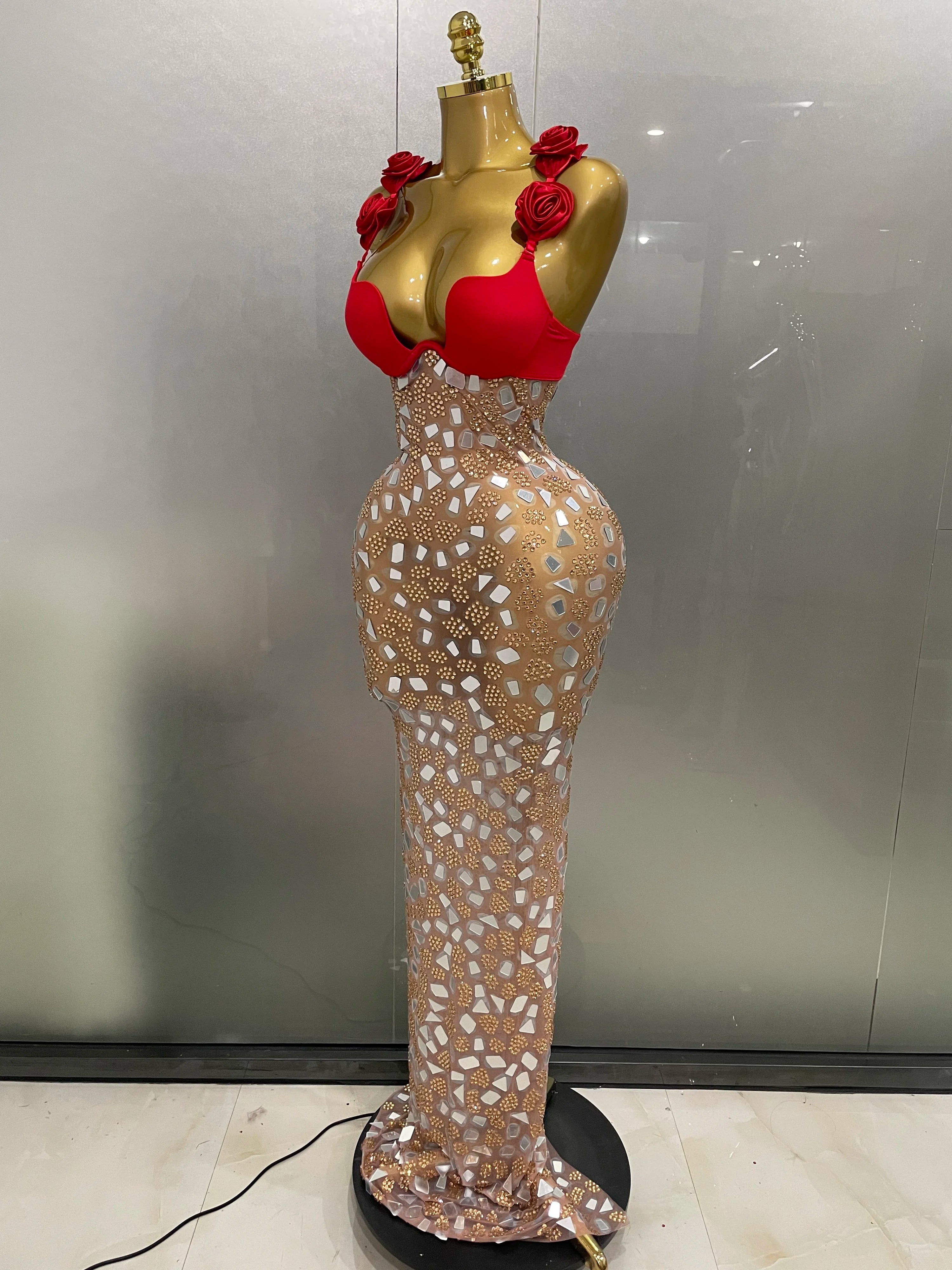 Sexy Sparkly Rhinestones Mesh Mirrors Red Roses Long Dress 2025 New Women Elegant Evening Party Club Stage performance Costume