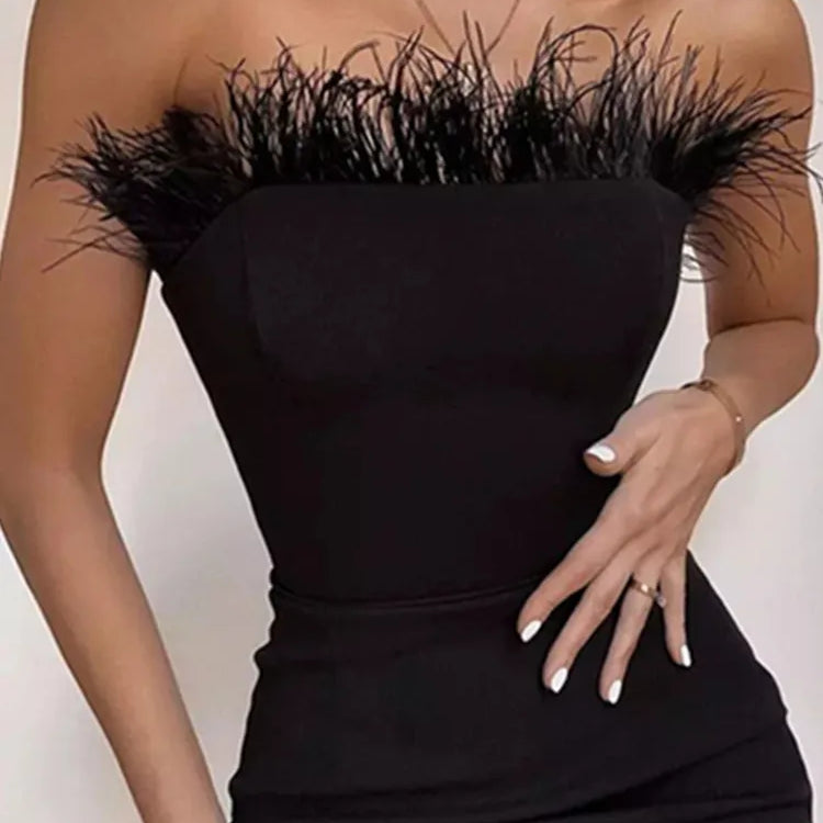 Summer Sexy Strapless Backless Feather Black Midi Women Bodycon Bandage Dress Designer Fashion Party Club Dress Vestido black