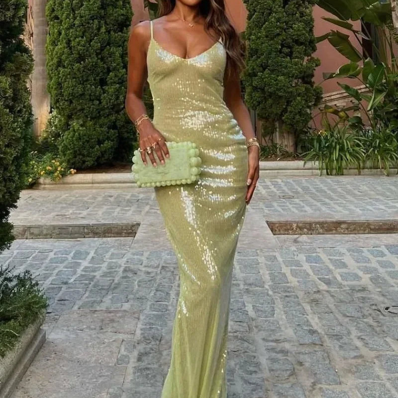 Luxury Sequins Backless High Slit Evening Long Dress Elegant WomenSleeveless High Waist Tunic Bodycon Holiday Party Dresses