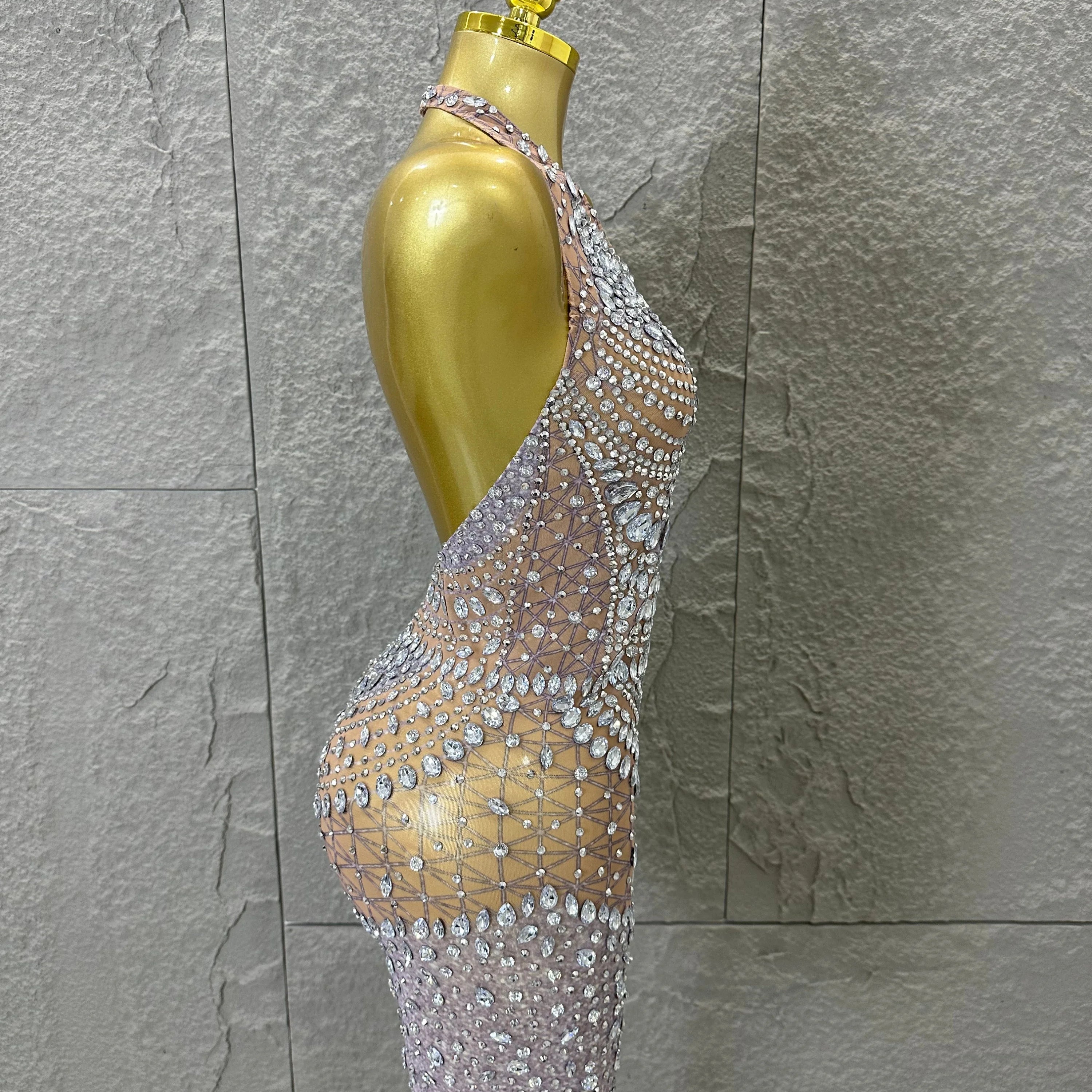 Women Evening Birthday Party Dancer Sexy Nightclub Luxurious Sparkly Crystal Diamonds Print See Through Stretch Mesh Dress