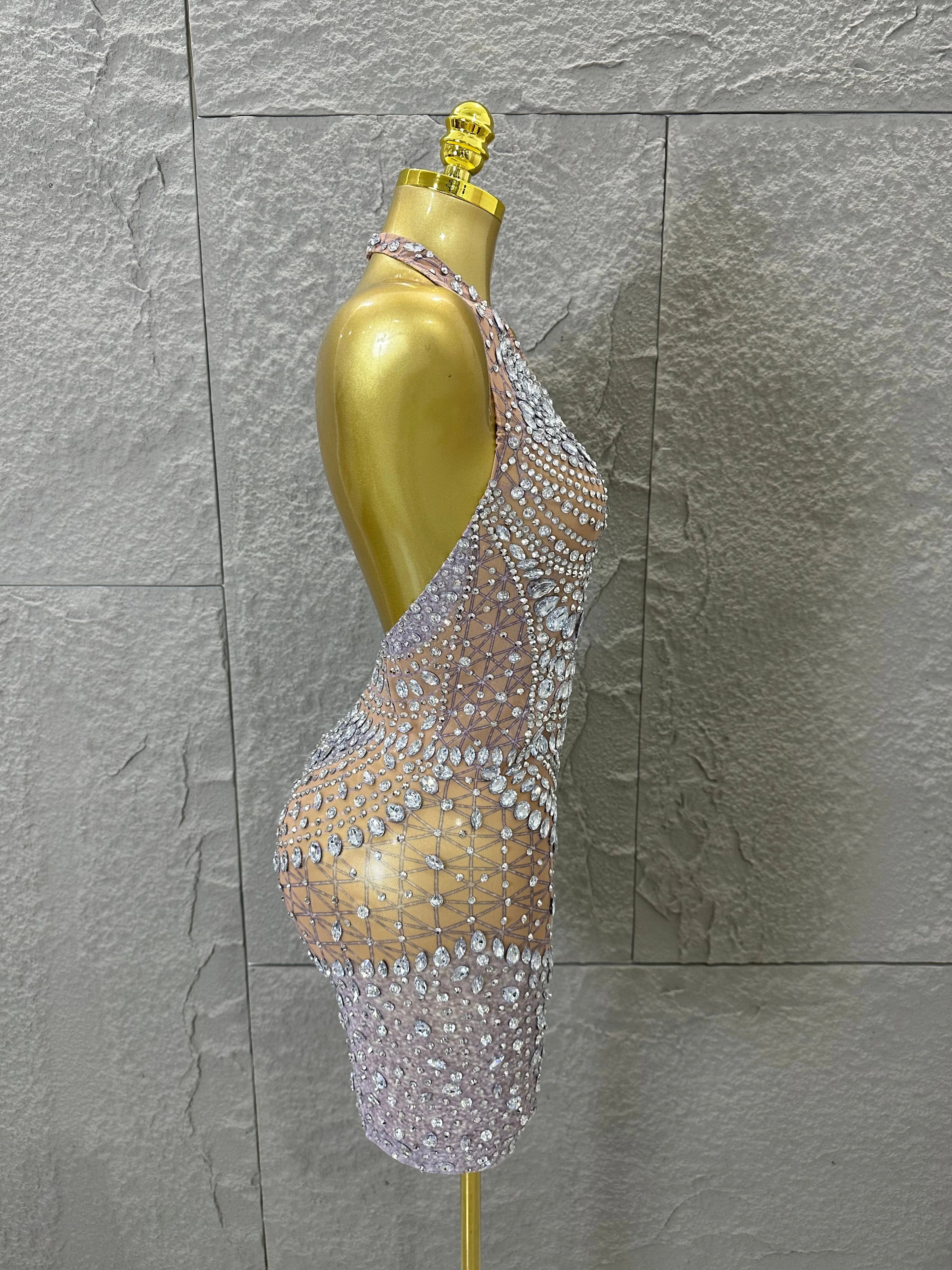 Women Evening Birthday Party Dancer Sexy Nightclub Luxurious Sparkly Crystal Diamonds Print See Through Stretch Mesh Dress